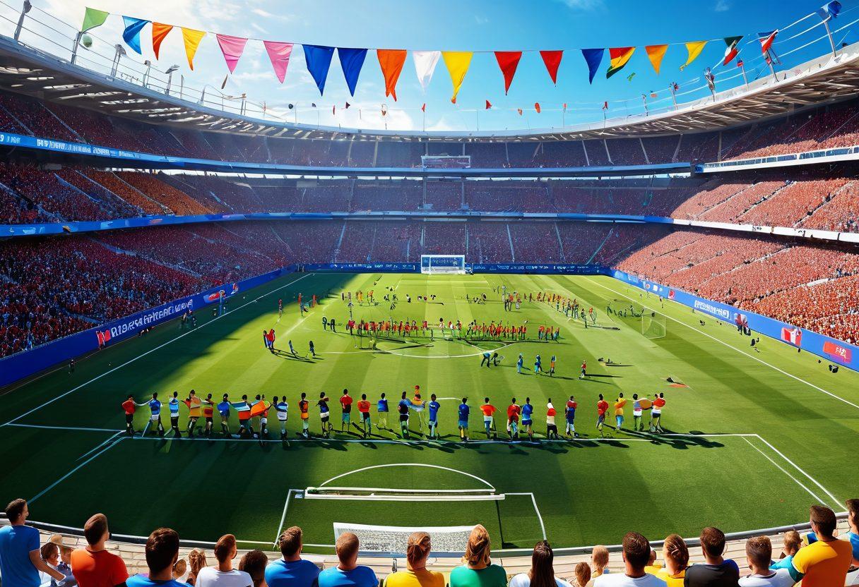 A vibrant scene capturing a joyful soccer match in progress with diverse players showcasing their skills, surrounded by enthusiastic cheerleaders performing acrobatic stunts. The background features a sunny stadium filled with cheering fans waving colorful flags, embodying teamwork and celebration. The colors are bright and dynamic, conveying excitement and energy. super-realistic. vibrant colors. 3D.