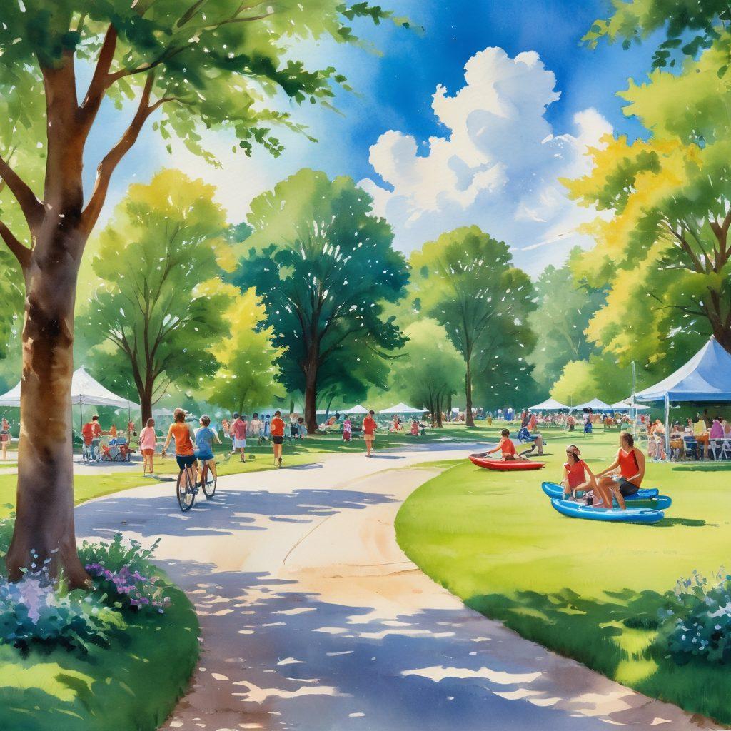 A vibrant scene showcasing diverse outdoor recreational sports, featuring people joyfully engaging in activities like frisbee, kayaking, and cycling in a sunlit park. Include a backdrop of lush green trees and a bright blue sky with fluffy white clouds. Capture expressions of laughter and excitement, with colorful sports gear enhancing the dynamic atmosphere. Incorporate a picnic area with families enjoying snacks. watercolor painting. vibrant colors.