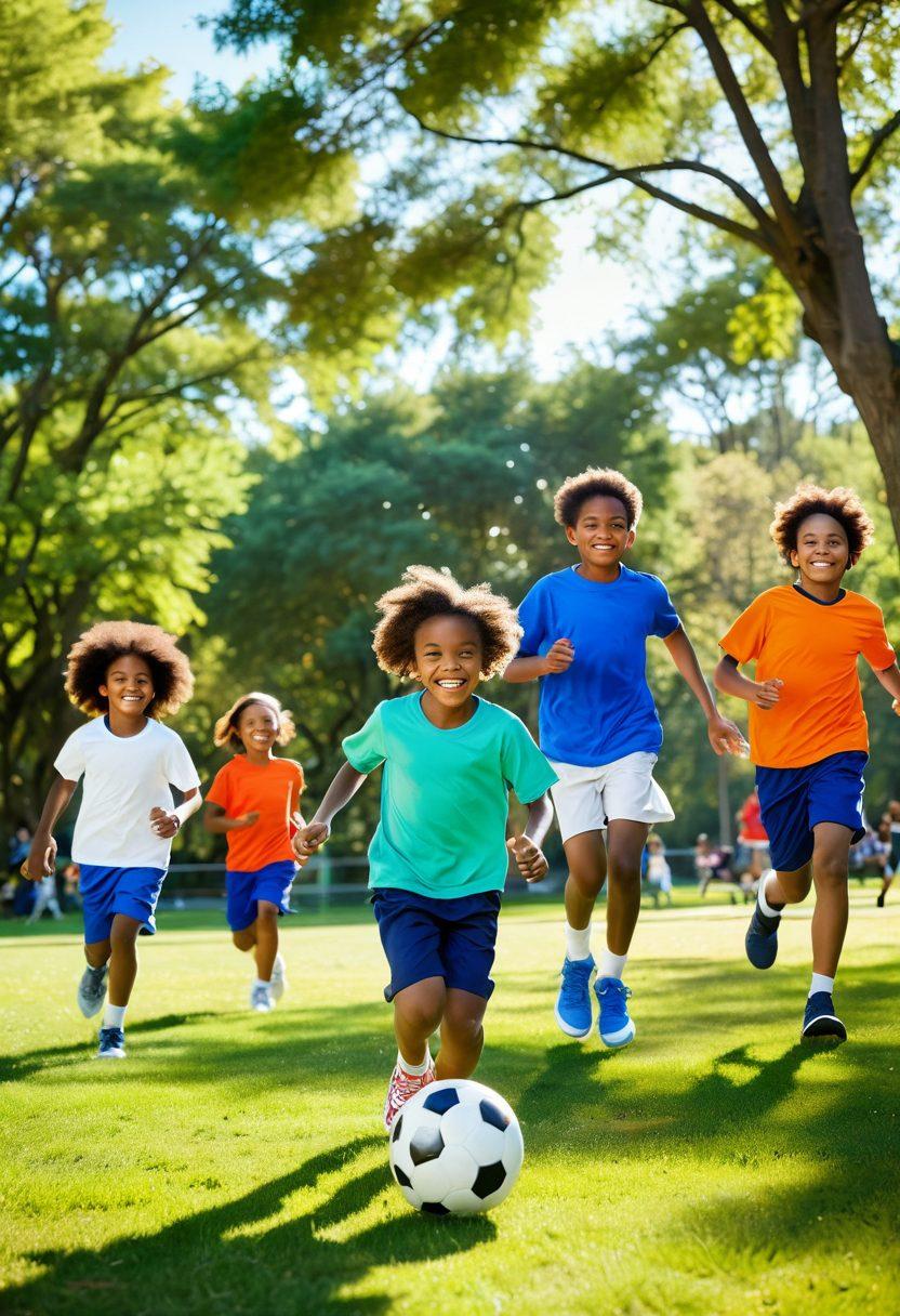 A dynamic scene capturing a diverse group of children playing soccer in a sunny park, their faces lit up with joy and excitement. Surround them with colorful sports equipment like basketballs, frisbees, and jump ropes, showcasing a variety of delightful sports activities. Incorporate a backdrop of lush green trees and a clear blue sky, evoking a sense of happiness and freedom. The image should radiate warmth and energy, inviting viewers into the world of fun sports. vibrant colors. super-realistic.